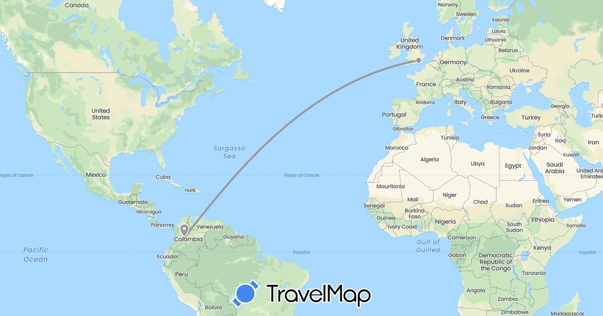 TravelMap itinerary: driving, plane in Colombia, United Kingdom (Europe, South America)